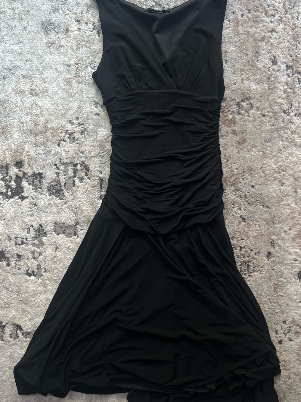 BCBGMaxAzria Black Ruched Sleeveless Midi Dress with Flared Skirt